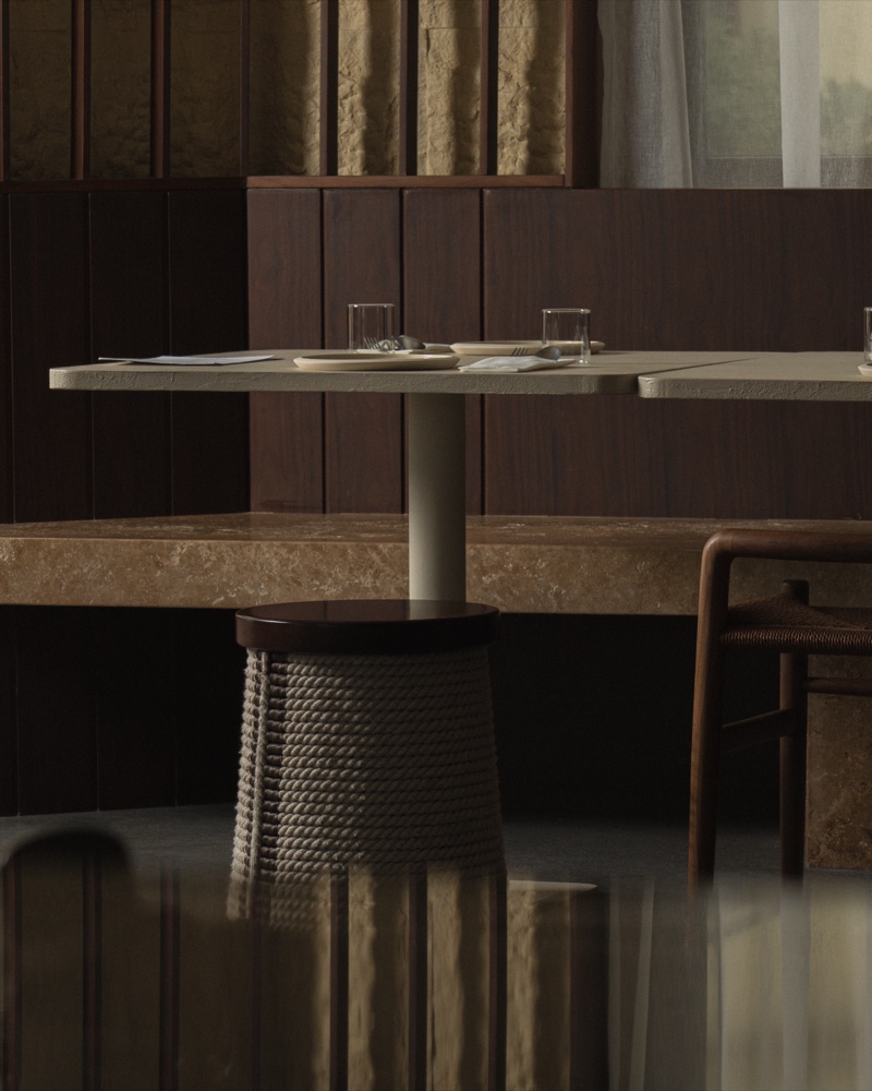 Restaurant interior with a rope-wrapped table base